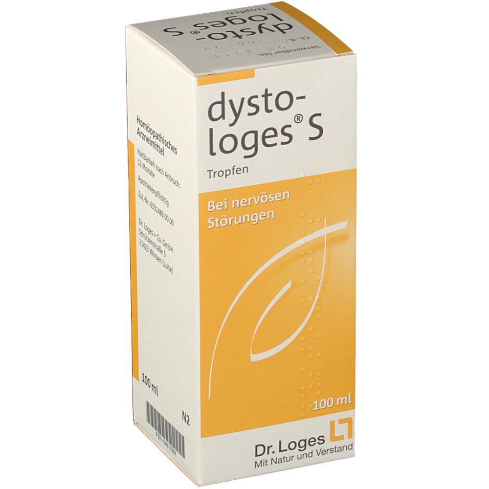 Schachtel dystoLoges® S Tropfen. Aufdruck: Bei nervösen Störungen. 100 ml. Logo Dr. Loges.