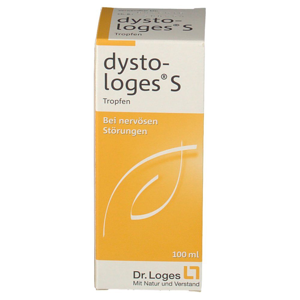 Schachtel dystoLoges® S Tropfen. Aufdruck: Bei nervösen Störungen. 100 ml. Logo Dr. Loges.
