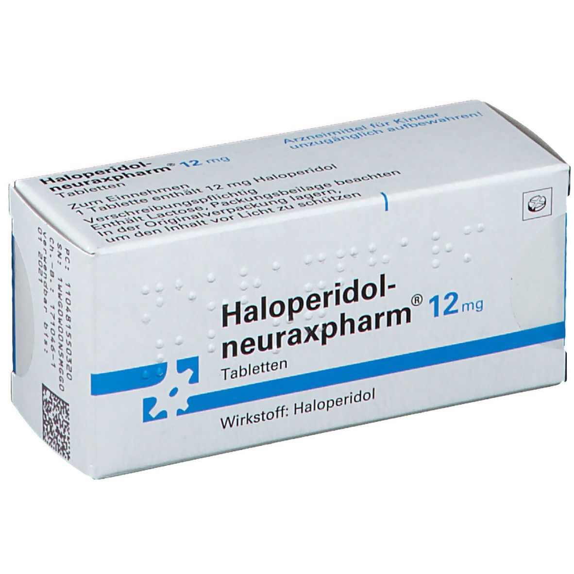 Weiße Tablettenbox mit blauen Akzenten. Aufschrift: Haloperidol-neuraxpharm 12 mg. Enthält Tabletten. Wirkstoff: Haloperidol.