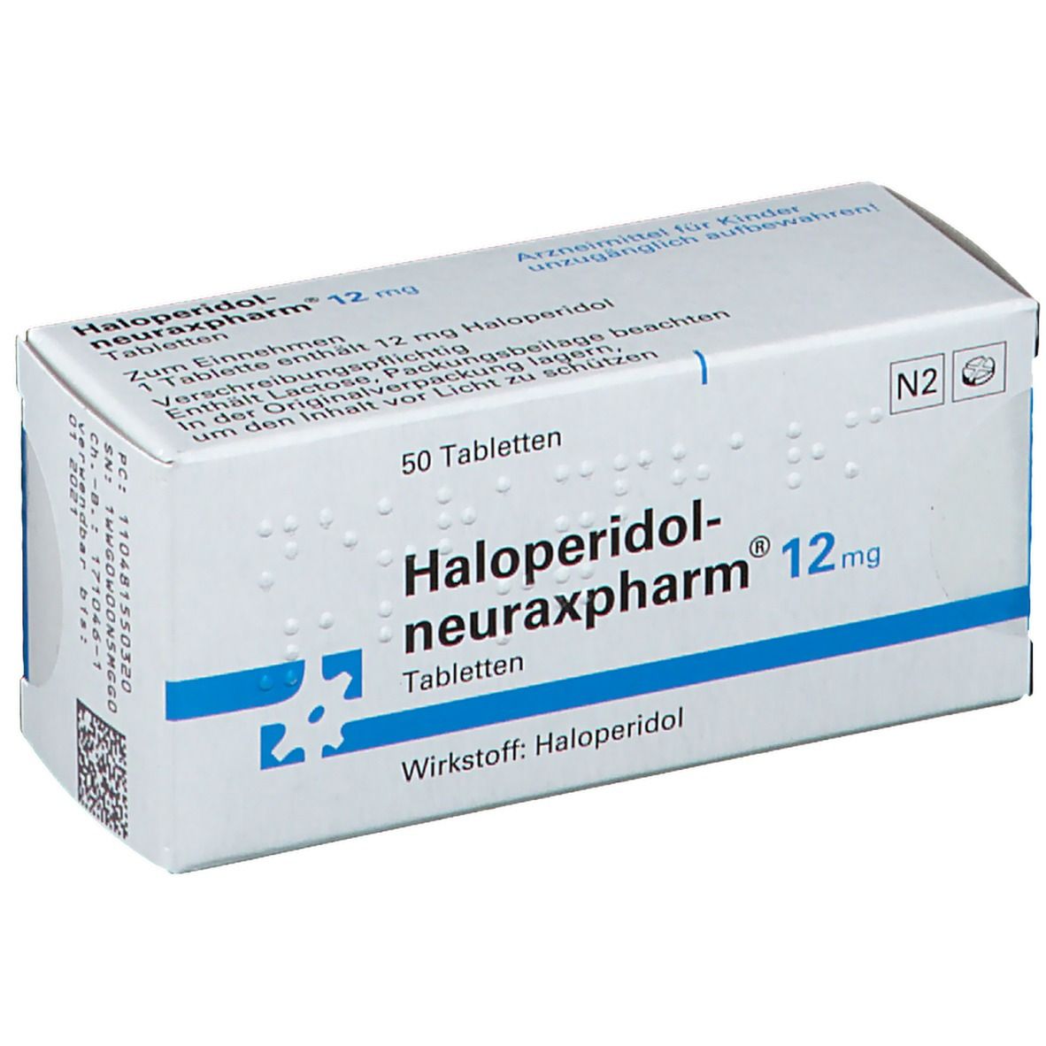 Schachtel mit Haloperidol-neuraxpharm® 12 mg Tabletten. Aufschrift: 50 Tabletten. Blaue und weiße Verpackung.