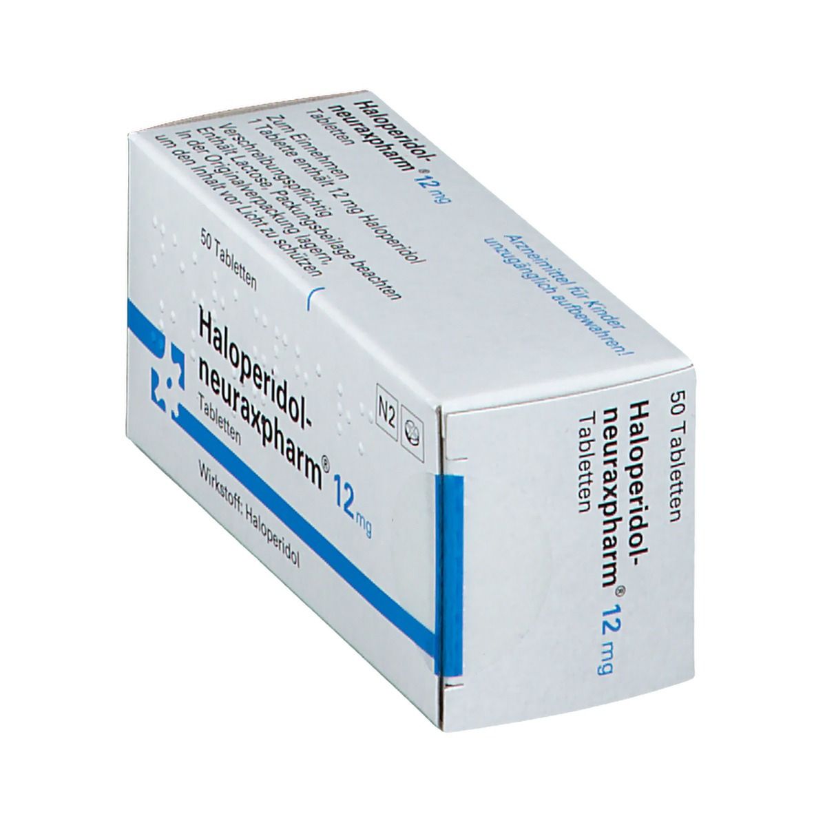 Schachtel mit Haloperidol-neuraxpharm® 12 mg Tabletten. Aufschrift: 50 Tabletten. Blaue und weiße Verpackung.