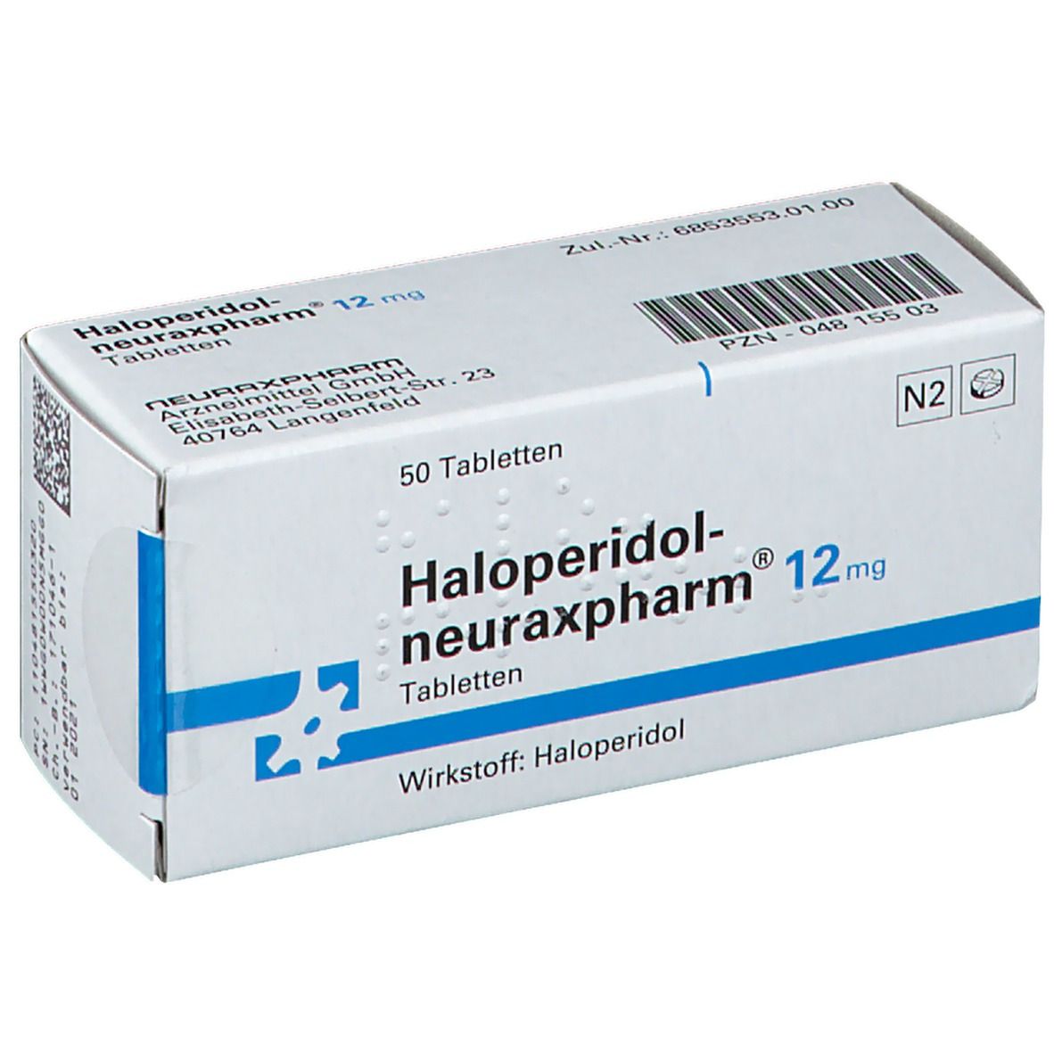 Schachtel mit Haloperidol-neuraxpharm® 12 mg Tabletten. Aufschrift: 50 Tabletten. Blaue und weiße Verpackung.