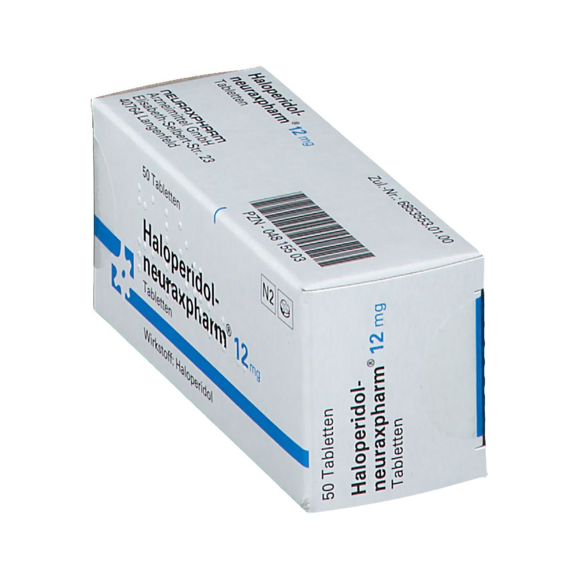 Schachtel mit Haloperidol-neuraxpharm® 12 mg Tabletten. Aufschrift: 50 Tabletten. Blaue und weiße Verpackung.