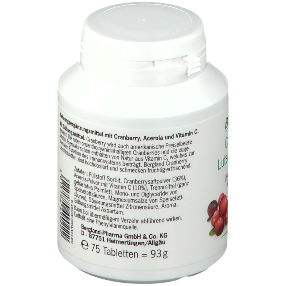Weiße Flasche Bergland Cranberry Lutschtabletten. Zutatenliste und Herstellerinformationen. 75 Tabletten = 93g.