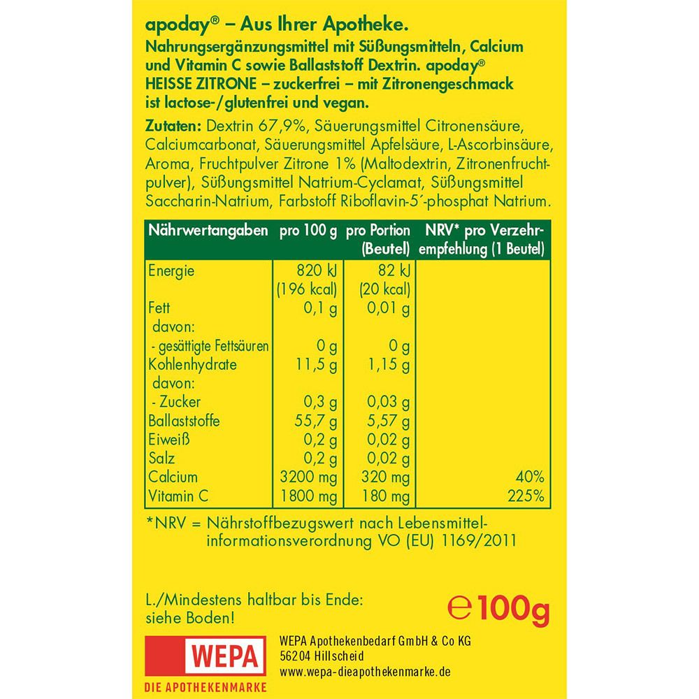 apoday® Heisse Zitrone Vitamin C und Calcium zuckerfrei Pulver