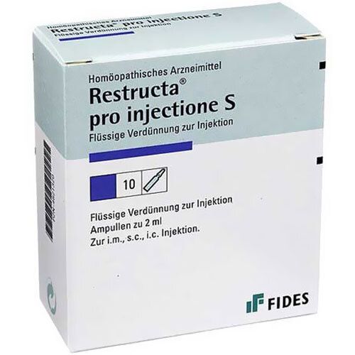 Karton von Restructa pro injectione S. Enthält 10 Ampullen. Blaue und weiße Verpackung mit Produktnamen und Logo.