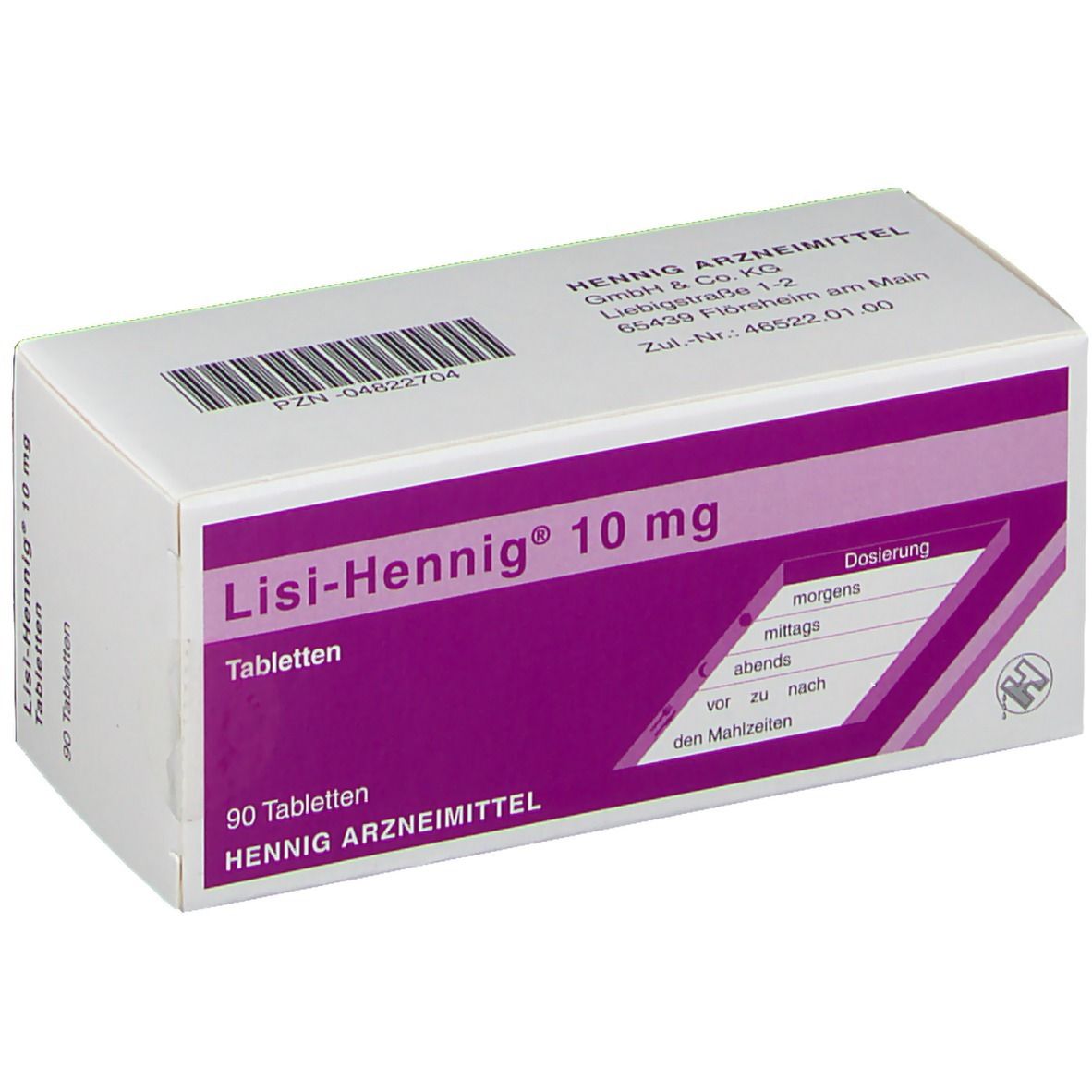 Schachtel Lisi-Hennig® 10 mg Tabletten. 90 Tabletten. Lila und weiß. Dosierungstabelle. HENNIG ARZNEIMITTEL.