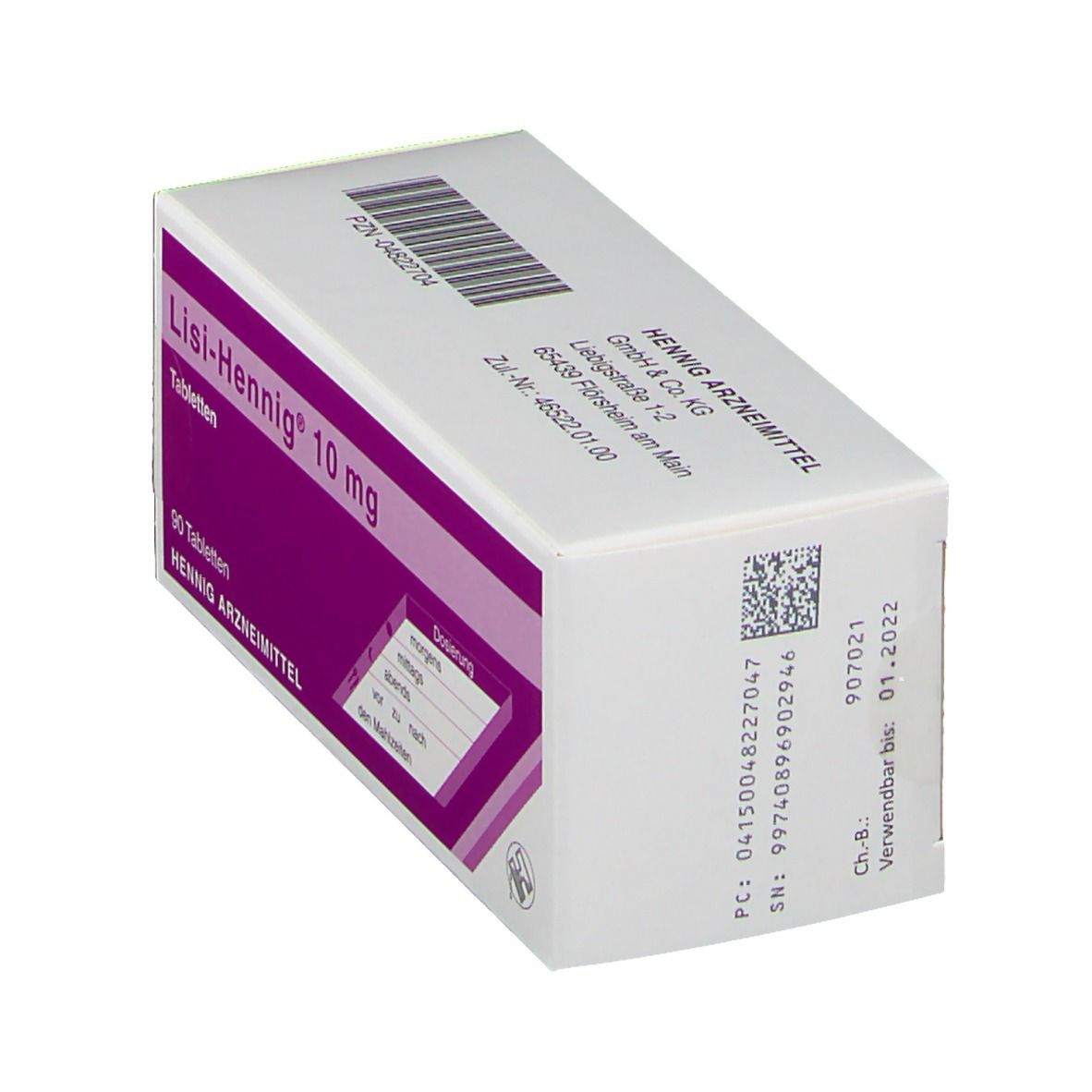 Schachtel Lisi-Hennig® 10 mg Tabletten. 90 Tabletten. Lila und weiß. Barcode und Chargennummer. HENNIG ARZNEIMITTEL.
