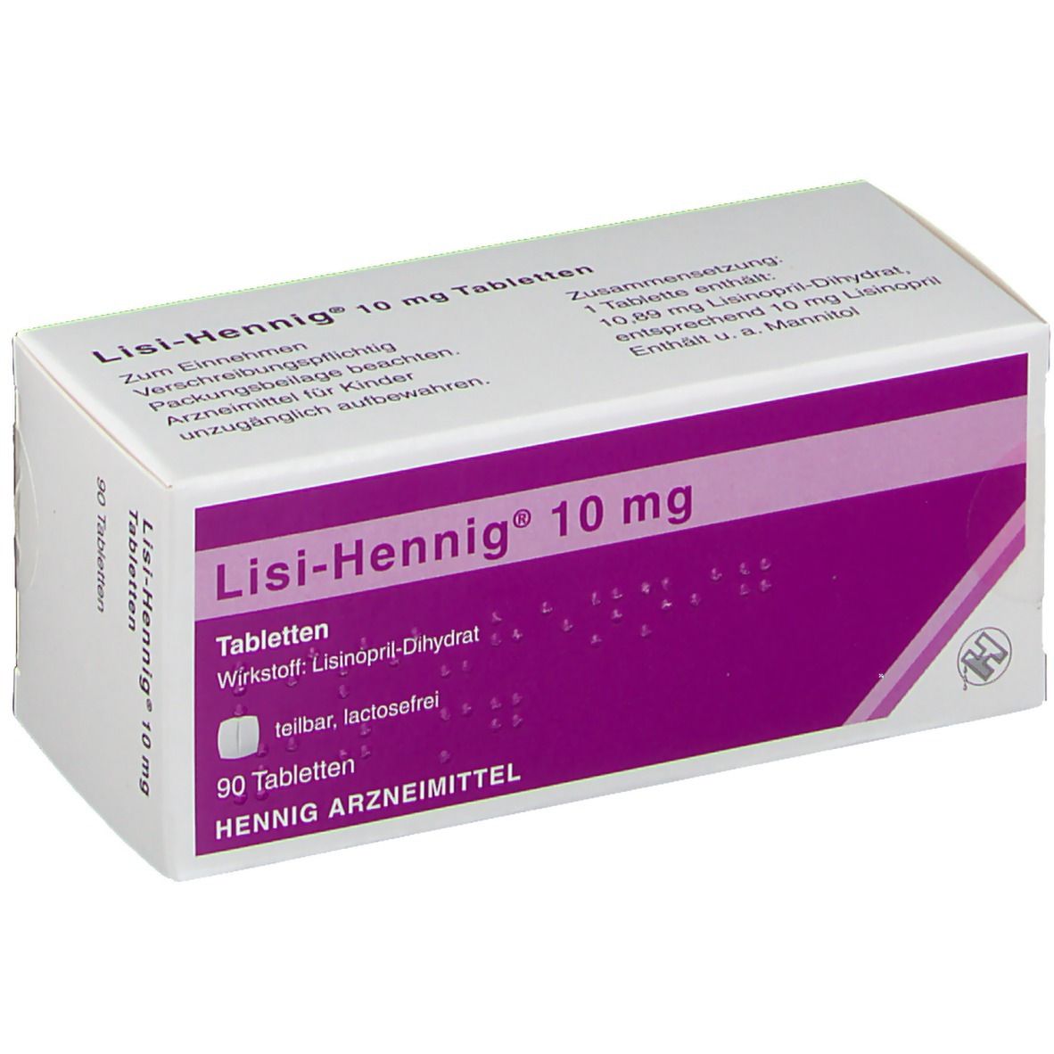 Schachtel Lisi-Hennig® 10 mg Tabletten. 90 Tabletten. Lila und weiß. Wirkstoff: Lisinopril-Dihydrat. HENNIG ARZNEIMITTEL.