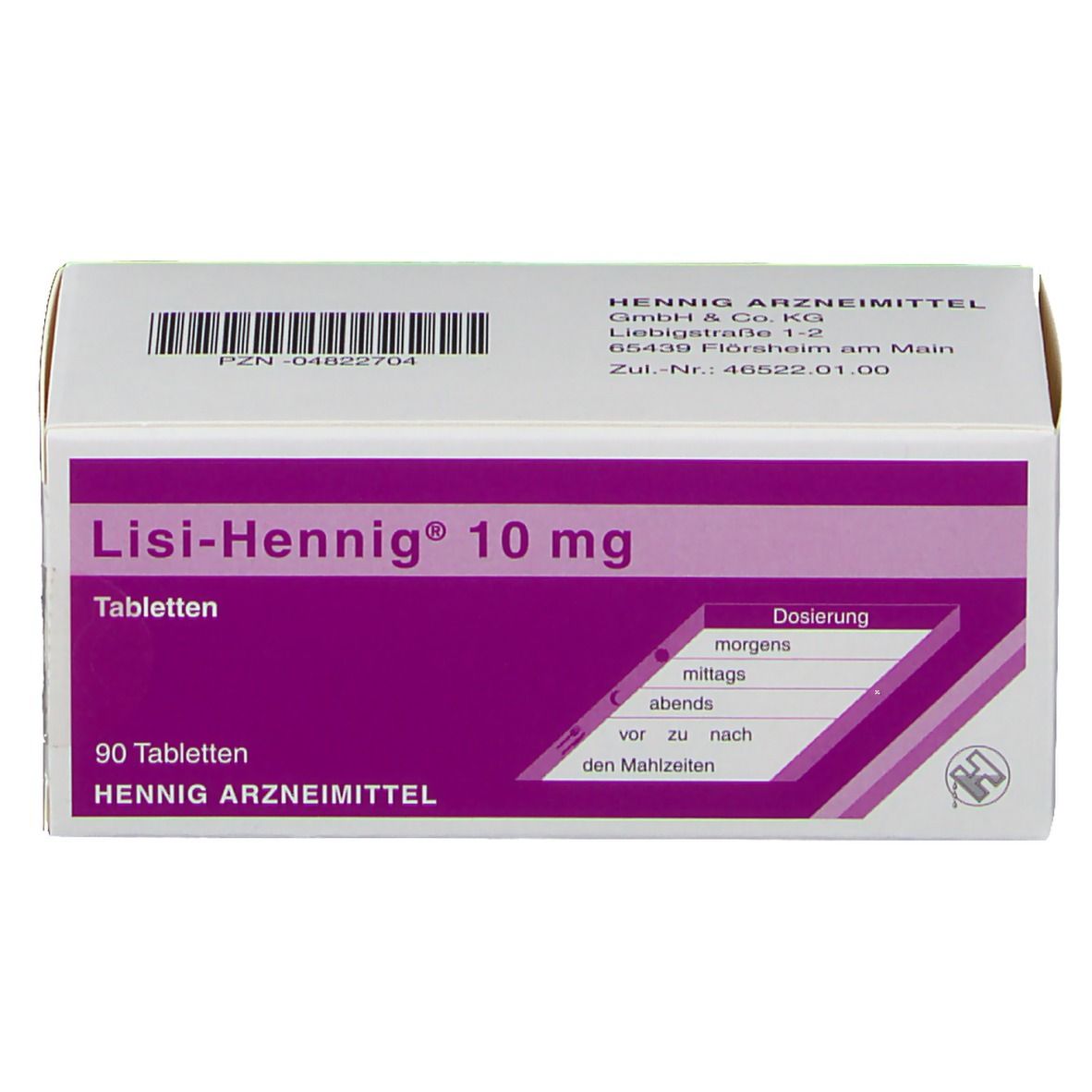 Schachtel Lisi-Hennig® 10 mg Tabletten. 90 Tabletten. Lila und weiß. Dosierungstabelle. HENNIG ARZNEIMITTEL.