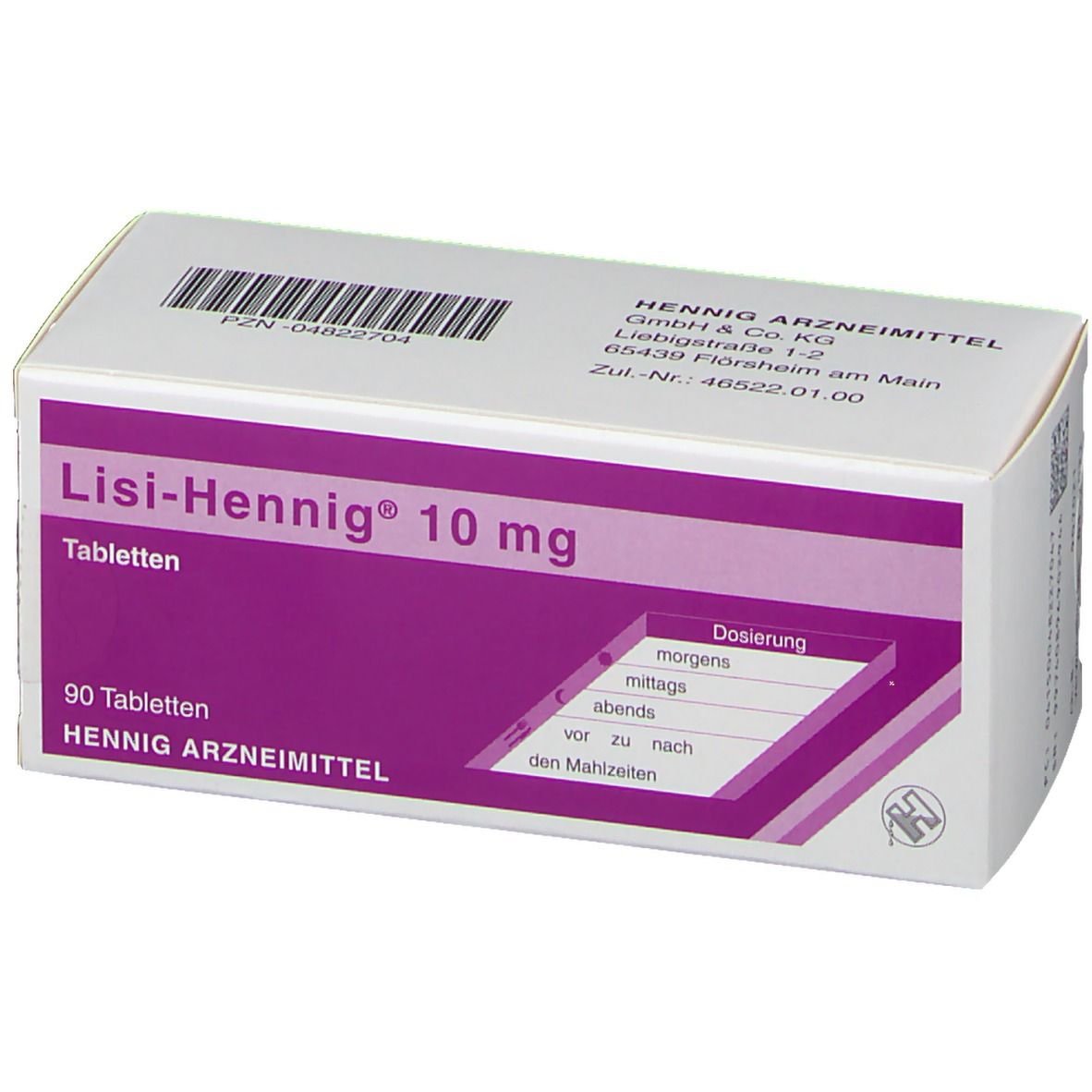 Schachtel Lisi-Hennig® 10 mg Tabletten. 90 Tabletten. Lila und weiß. Dosierungstabelle. HENNIG ARZNEIMITTEL.