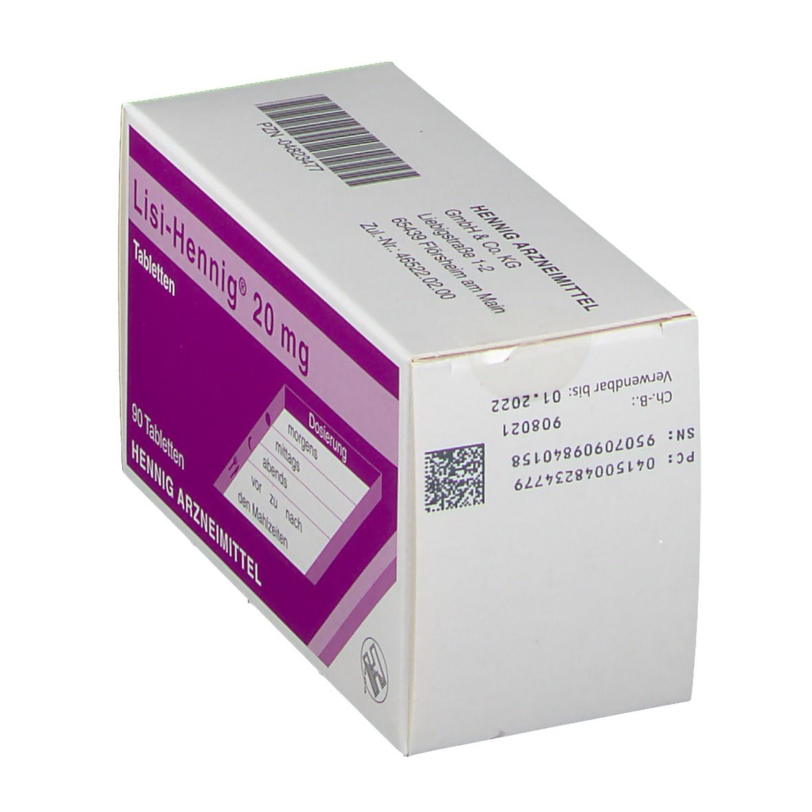 Schachtel Lisi-Hennig® 20 mg Tabletten. Weiß und lila. Text: 90 Tabletten, Dosierung, Hennig Arzneimittel.