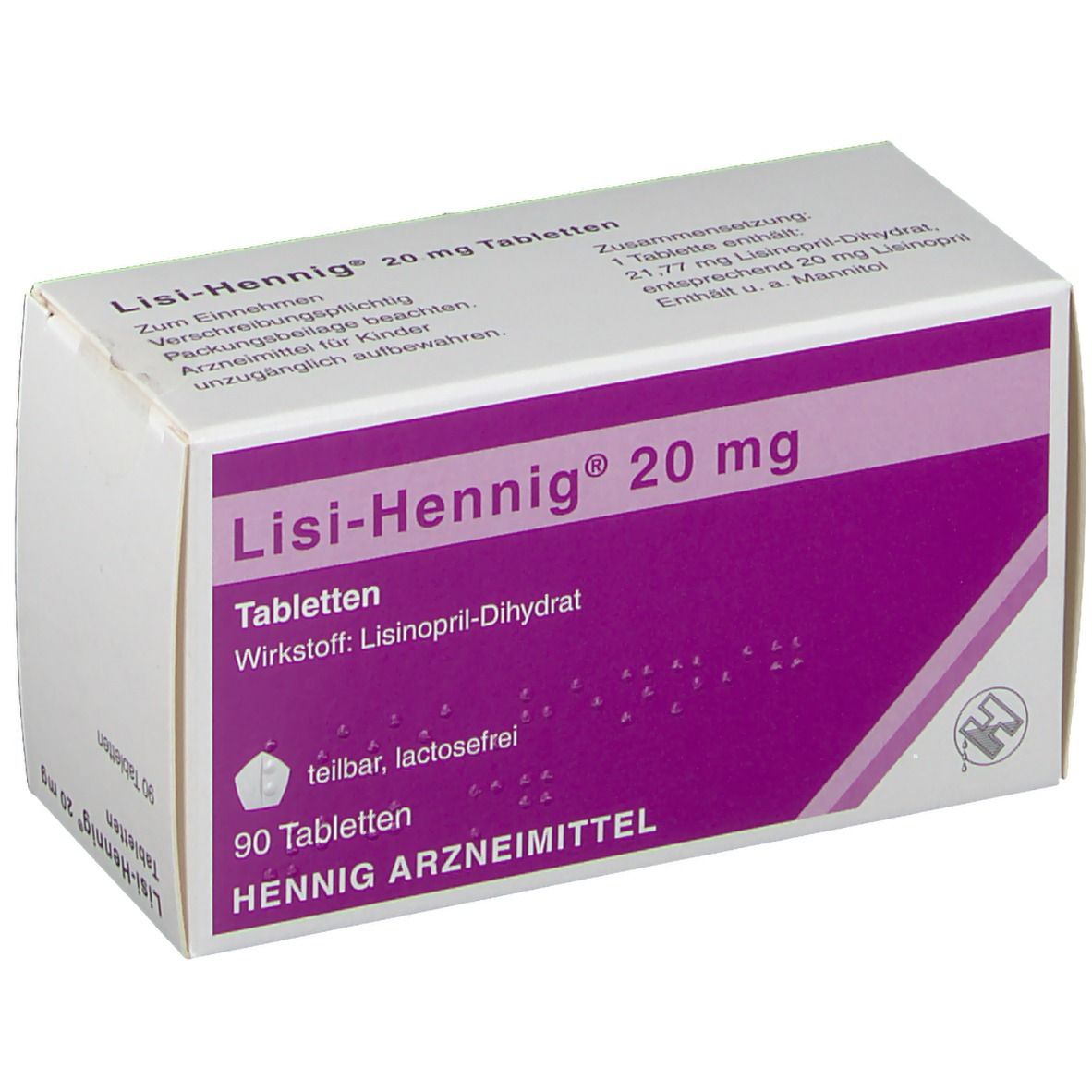 Schachtel Lisi-Hennig® 20 mg Tabletten. Weiß und lila. Text: 90 Tabletten, Wirkstoff, Hennig Arzneimittel.