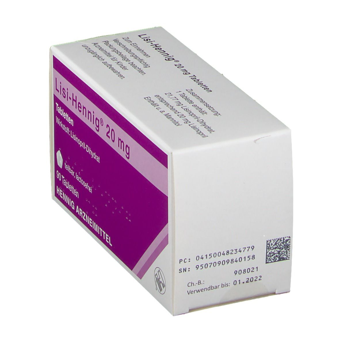 Schachtel Lisi-Hennig® 20 mg Tabletten. Weiß und lila. Text: 90 Tabletten, Hennig Arzneimittel, Chargennummer und Verfallsdatum.
