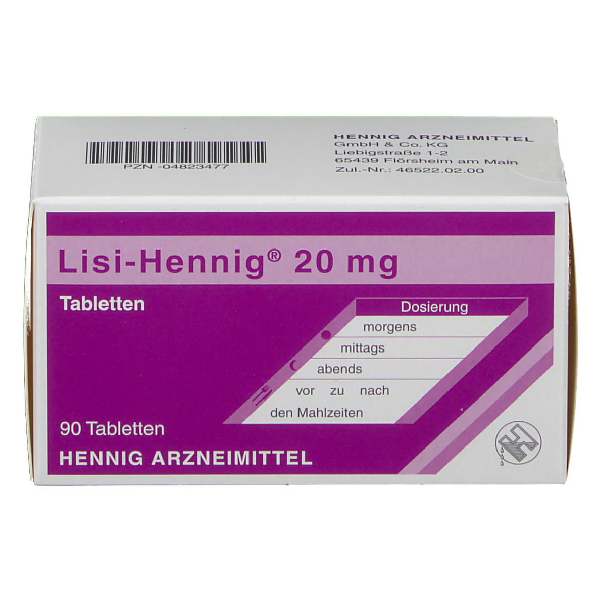 Schachtel Lisi-Hennig® 20 mg Tabletten. Weiß und lila. Text: 90 Tabletten, Dosierung, Hennig Arzneimittel.
