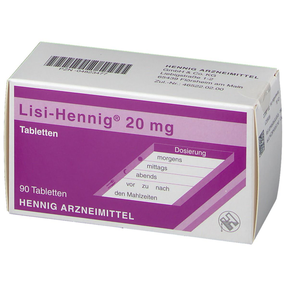 Schachtel Lisi-Hennig® 20 mg Tabletten. Weiß und lila. Text: 90 Tabletten, Dosierung, Hennig Arzneimittel.