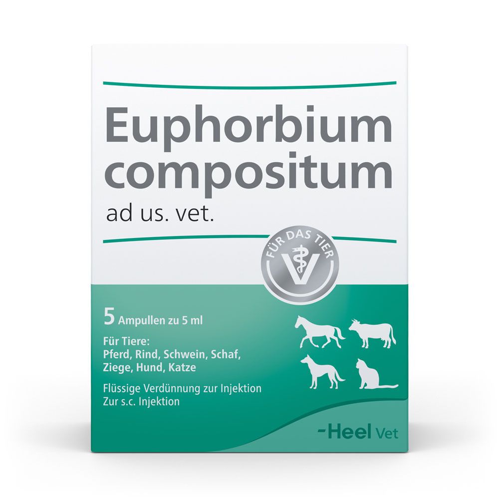Verpackung von Euphorbium compositum ad us. vet. mit Text und Tierabbildungen. Enthält 5 Ampullen. Marke Heel Vet.