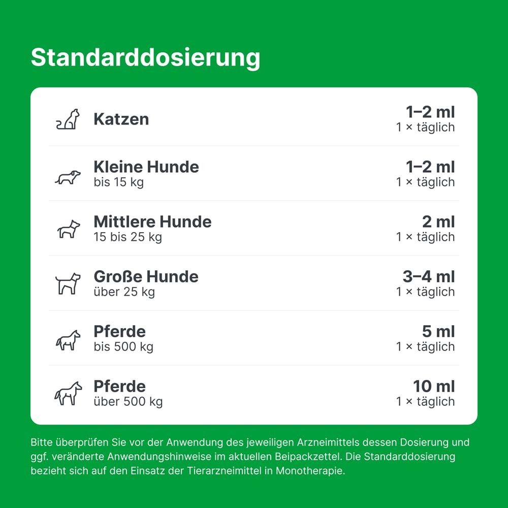 Dosierungstabelle für Zeel ad us. vet. für Katzen, kleine Hunde, mittlere Hunde, große Hunde, Pferde.