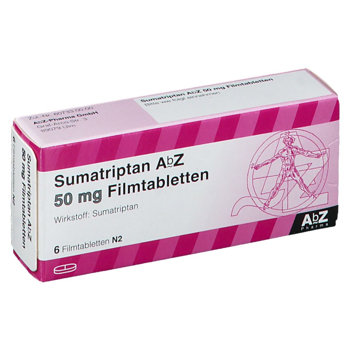 Schachtel mit Sumatriptan AbZ 50 mg Filmtabletten. Rosa-weißes Design, Text und Logo. 6 Tabletten. AbZ Pharma.