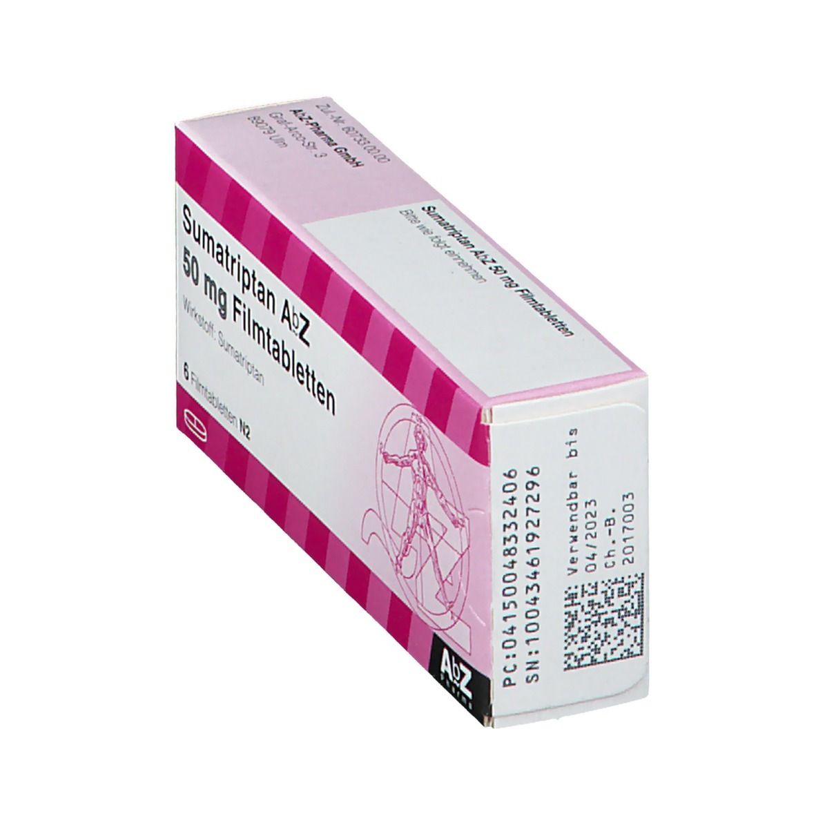 Schachtel Sumatriptan AbZ 50 mg Filmtabletten. Rosa-weißes Design, Text und Logo. QR-Code und Verfallsdatum. AbZ Pharma.