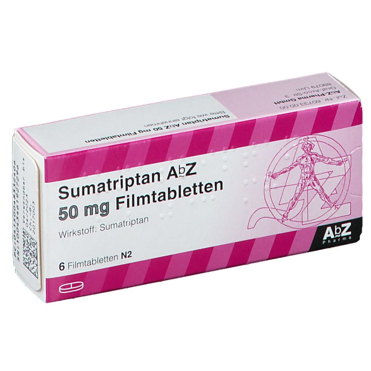Schachtel mit Sumatriptan AbZ 50 mg Filmtabletten. Rosa-weißes Design, Text und Logo. 6 Tabletten. AbZ Pharma.
