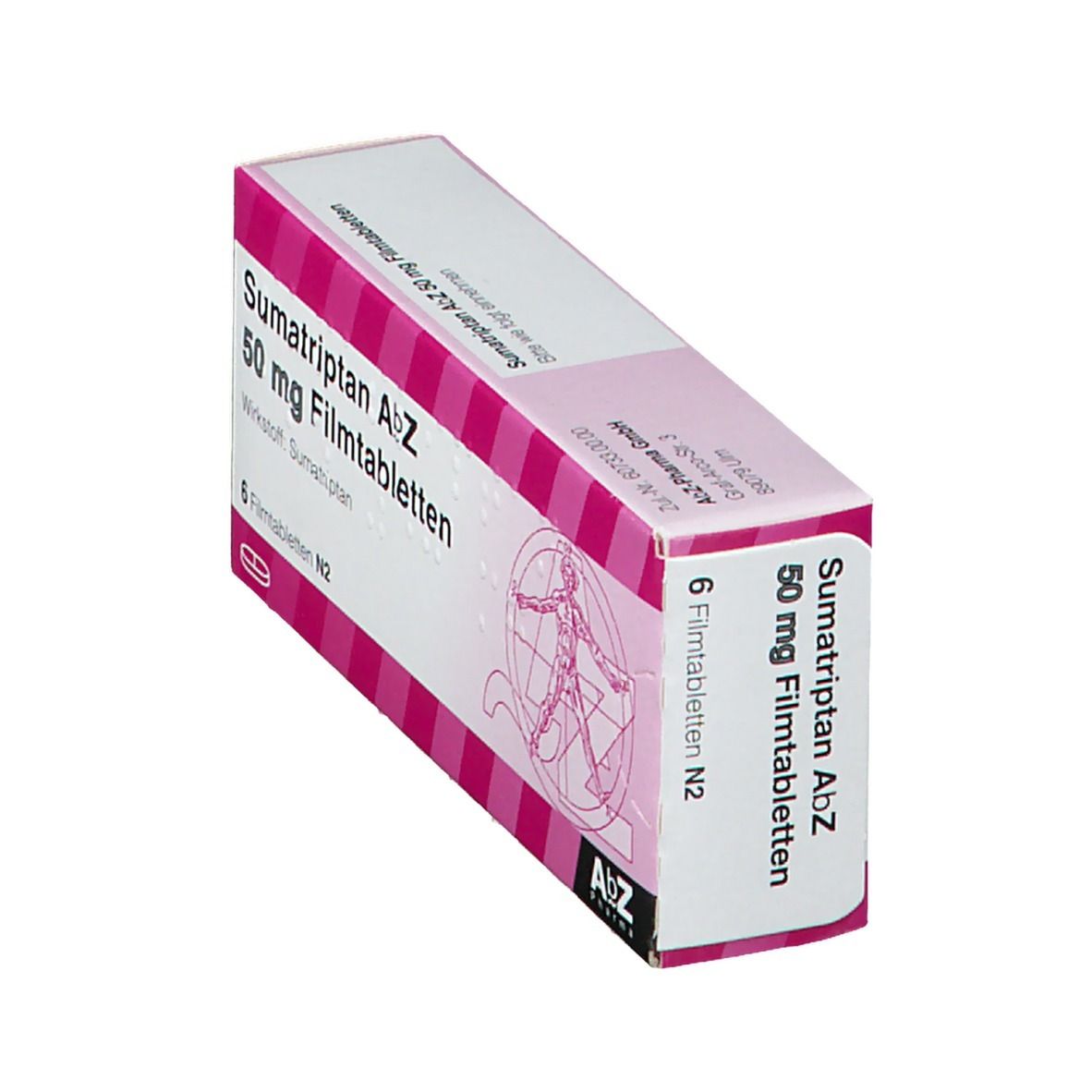 Schachtel Sumatriptan AbZ 50 mg Filmtabletten. Rosa-weißes Design, Text und Logo. 6 Tabletten. AbZ Pharma.