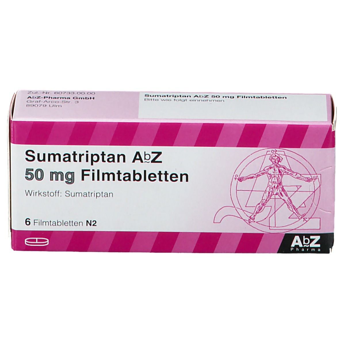 Schachtel mit Sumatriptan AbZ 50 mg Filmtabletten. Rosa-weißes Design, Text und Logo. 6 Tabletten. AbZ Pharma.