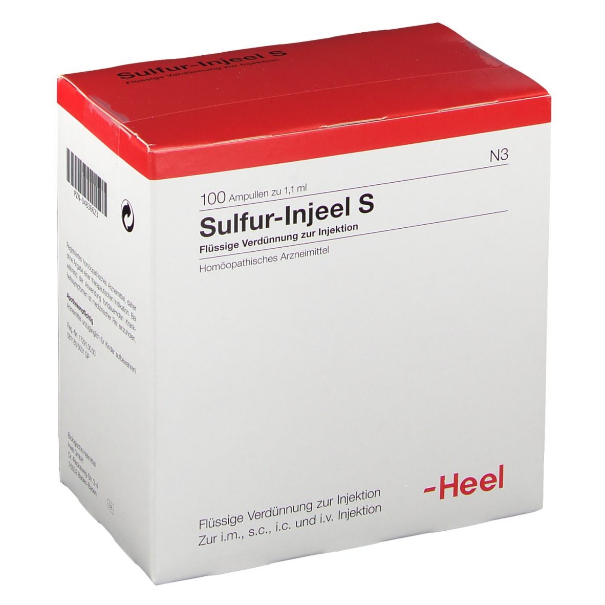 Weißer Karton mit rotem Deckel. Aufschrift: Sulfur-Injeel S, 100 Ampullen. Marke Heel.
