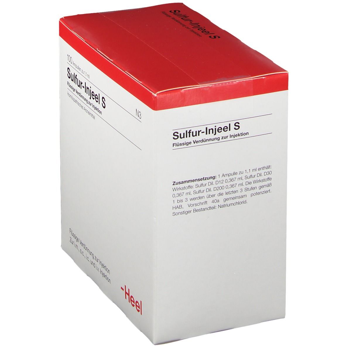 Weißer Karton mit rotem Deckel. Aufschrift: Sulfur-Injeel S, 100 Ampullen. Marke Heel. Text über Inhaltsstoffe.