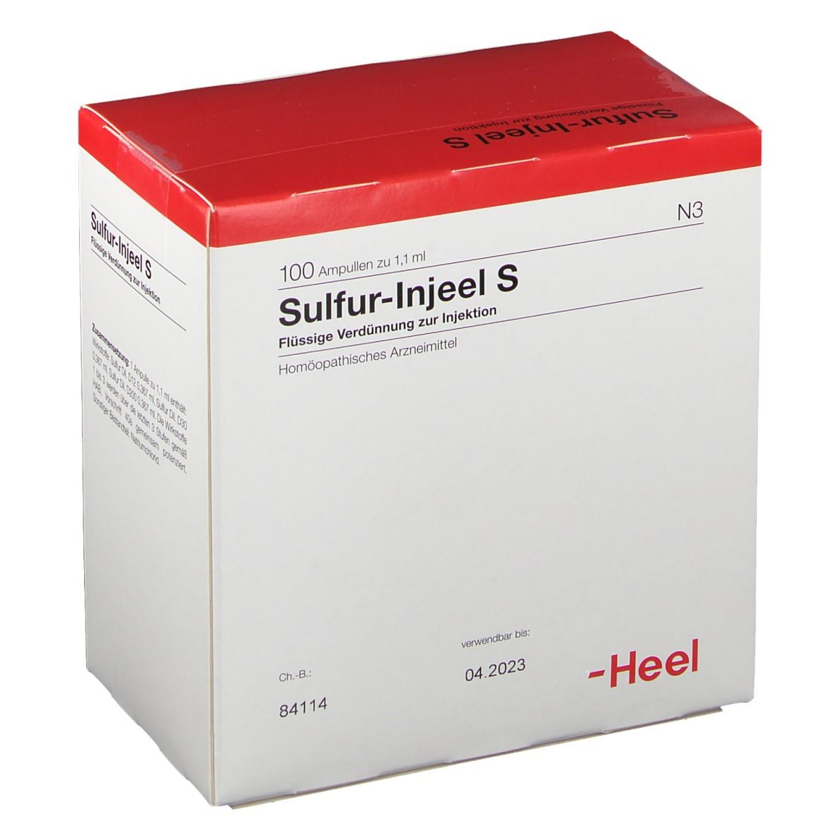 Weißer Karton mit rotem Deckel. Aufschrift: Sulfur-Injeel S, 100 Ampullen. Marke Heel. Verfallsdatum 04.2023.