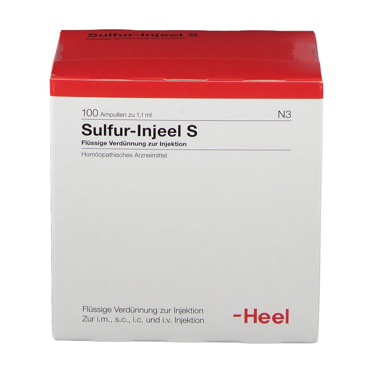 Weißer Karton mit rotem Deckel. Aufschrift: Sulfur-Injeel S, 100 Ampullen. Marke Heel.