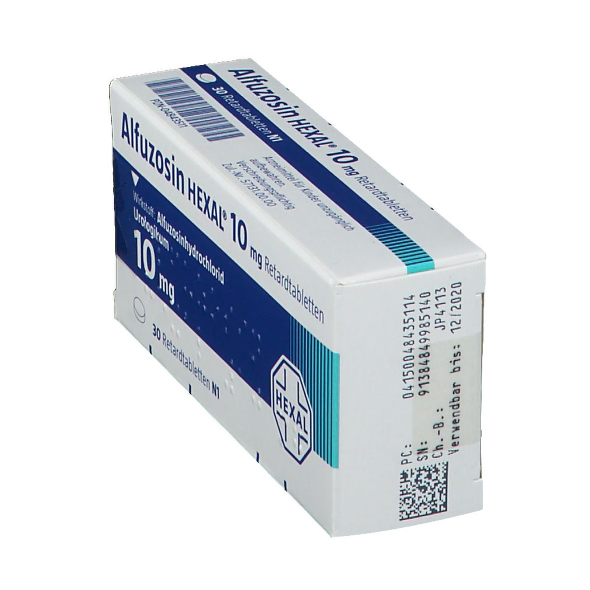 Schachtel mit blauer und weißer Aufschrift. Enthält Tabletten. Aufschrift: Alfuzosin HEXAL 10 mg Retardtabletten. HEXAL Logo.