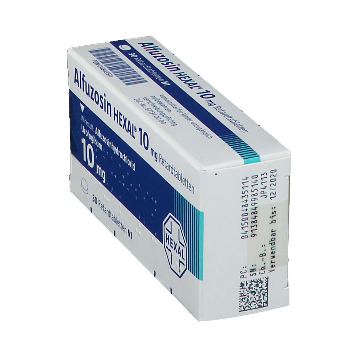 Schachtel mit blauer und weißer Aufschrift. Enthält Tabletten. Aufschrift: Alfuzosin HEXAL 10 mg Retardtabletten. HEXAL Logo.