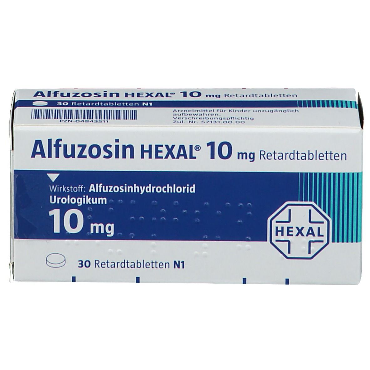 Schachtel mit blauer und weißer Aufschrift. Enthält Tabletten. Aufschrift: Alfuzosin HEXAL 10 mg Retardtabletten. HEXAL Logo.