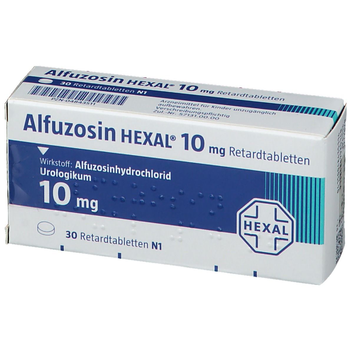 Schachtel mit blauer und weißer Aufschrift. Enthält Tabletten. Aufschrift: Alfuzosin HEXAL 10 mg Retardtabletten. HEXAL Logo.