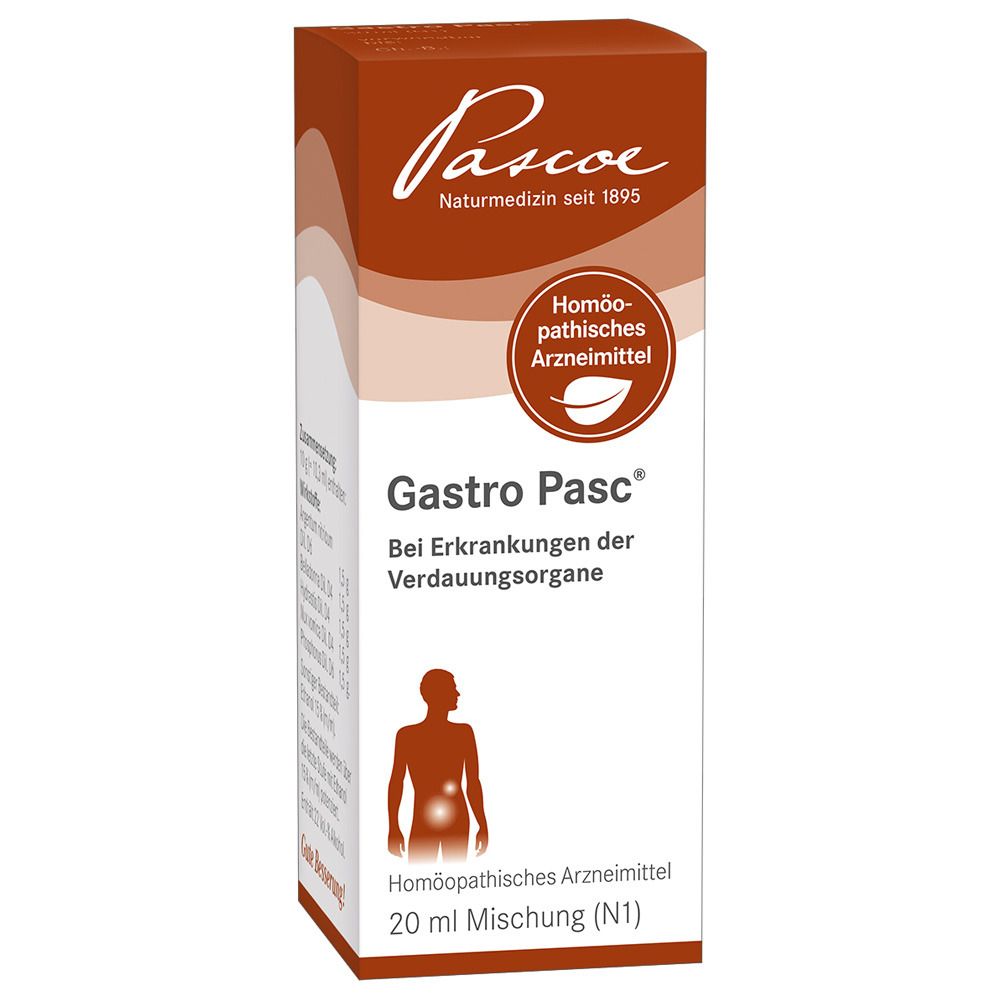 Karton mit Produktinformationen. Aufschrift: Pascoe, Gastro Pasc, Homöopathisches Arzneimittel. Darstellung des Verdauungssystems.