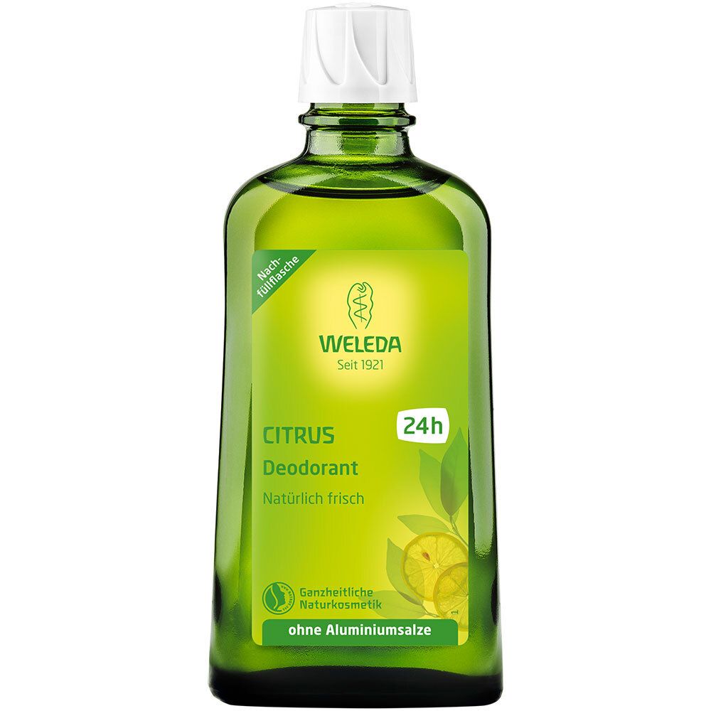 Grüne Glasflasche mit weißem Verschluss. Etikett mit "WELEDA Citrus Deodorant".