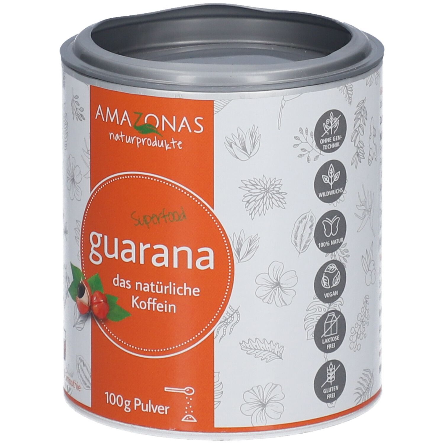 Zylindrische Dose mit Deckel. Aufkleber mit Text und Illustrationen. Marke: AMAZONAS. Aufschrift: Superfood Guarana, das natürliche Koffein. 100g Pulver.