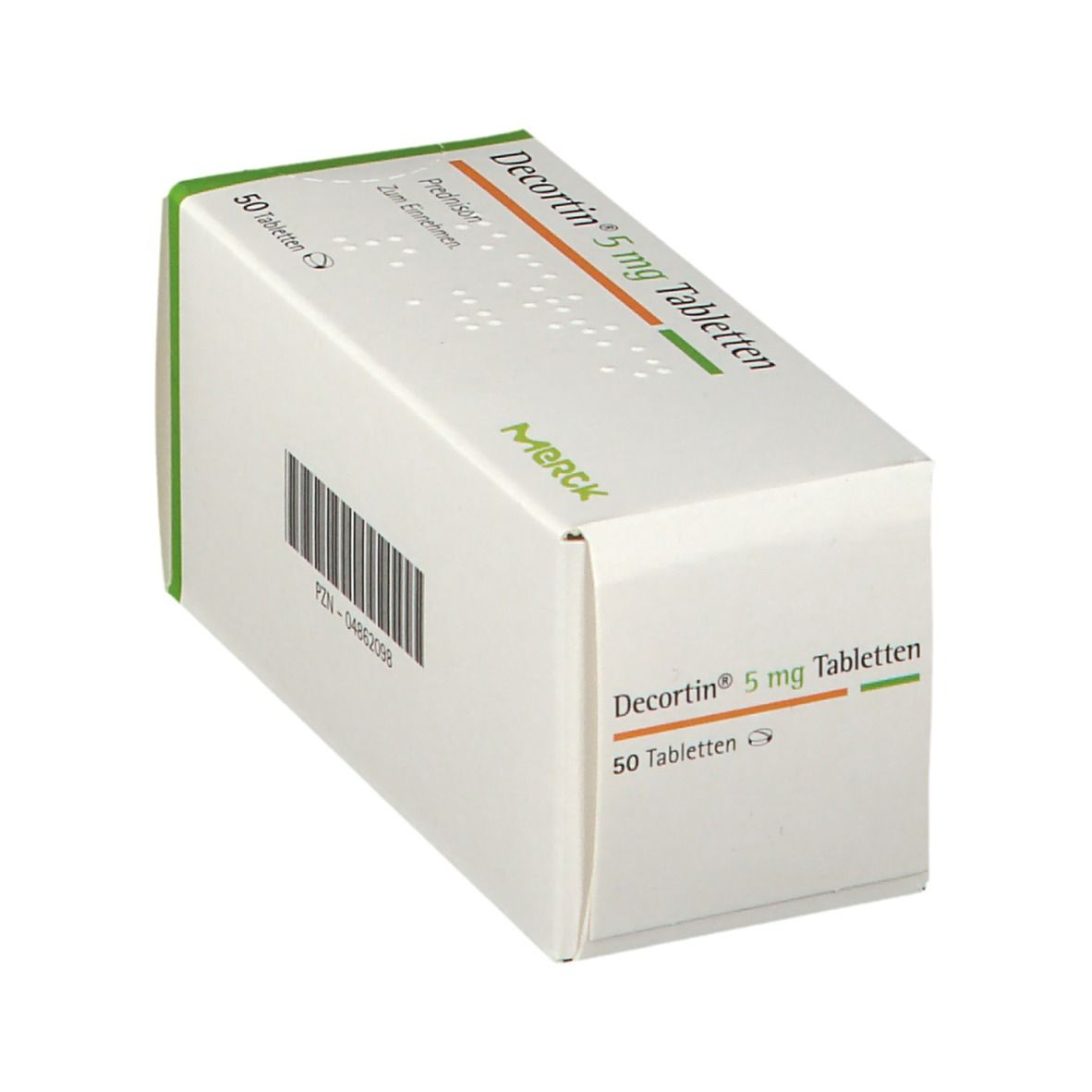 Schachtel mit Decortin 5 mg Tabletten. Weiß mit grünen Akzenten. Barcode und PZN. Merck Logo. 50 Tabletten.