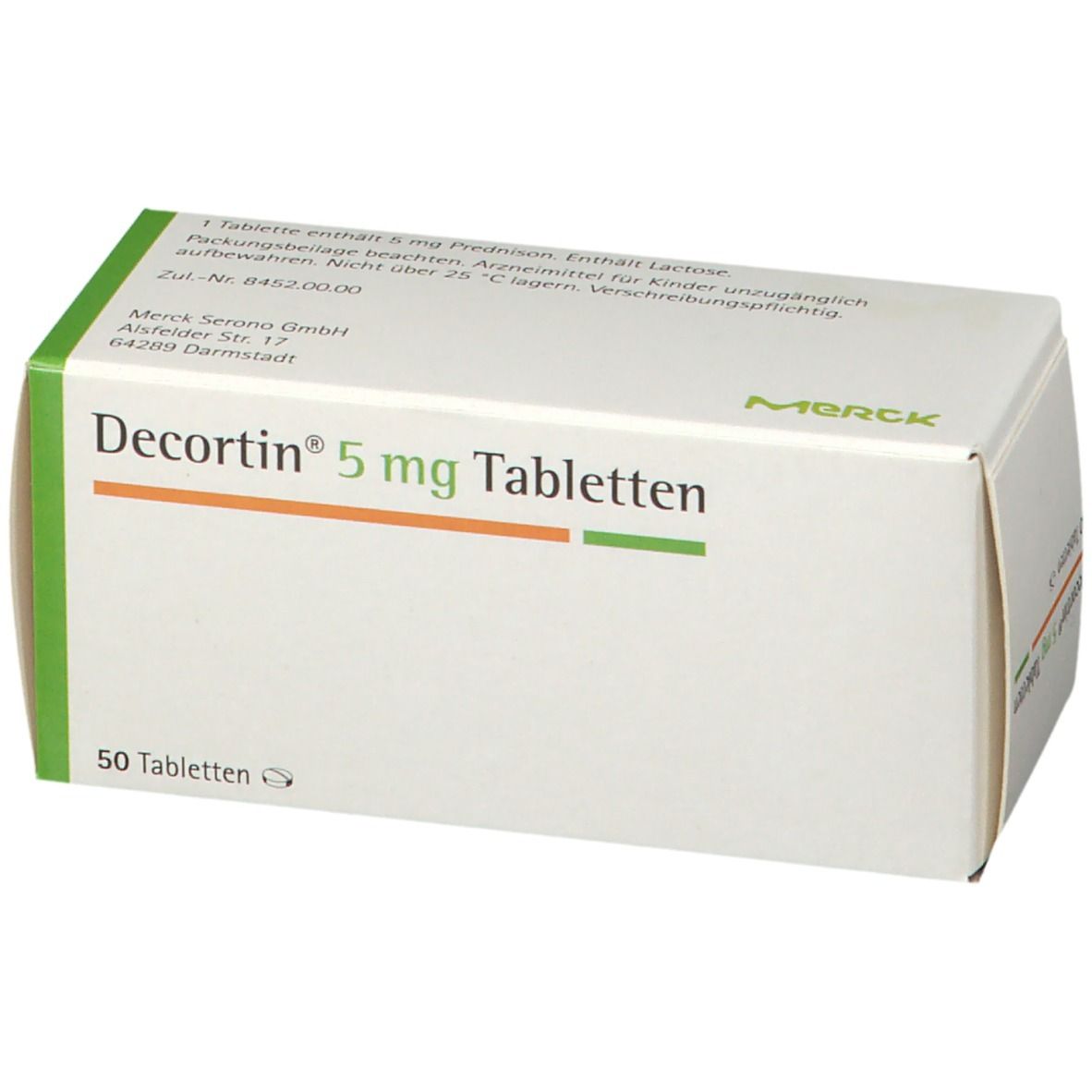 Weiße Schachtel mit grünen und orangefarbenen Akzenten. Aufschrift: Decortin 5 mg Tabletten. 50 Tabletten. Merck Logo.