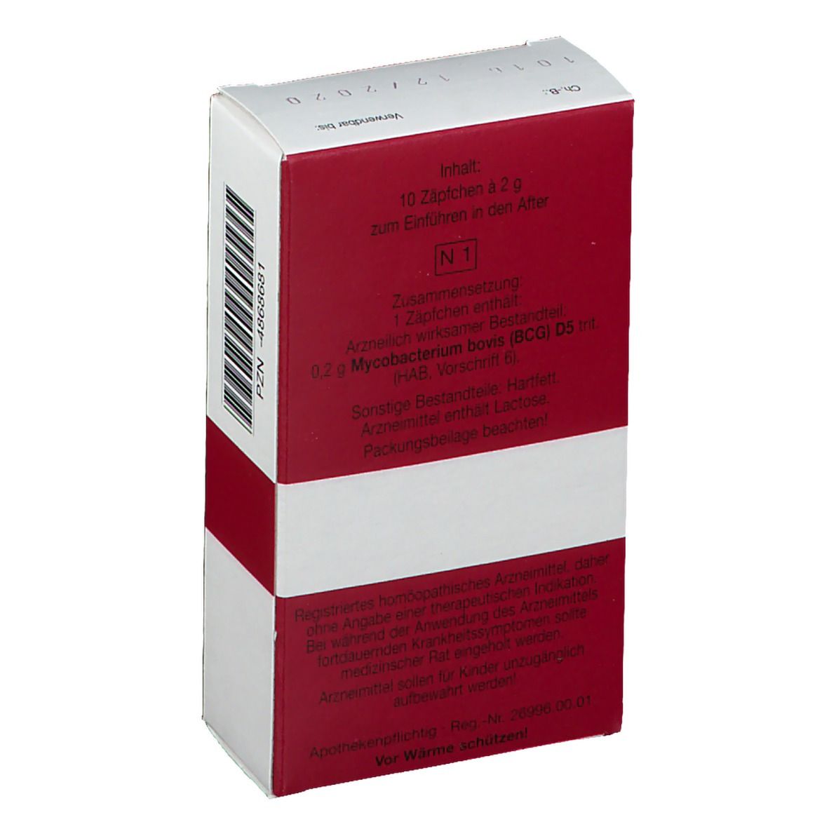 Rückseite der Bovisan® D5 Schachtel. Text: 10 Zäpfchen, Wirkstoff, Herstellerinformationen.