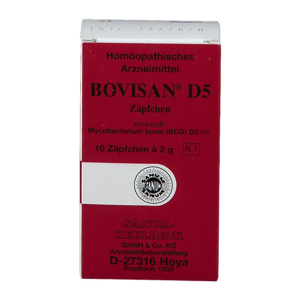 Rote und weiße Schachtel mit Bovisan® D5 Zäpfchen. Text: 10 Zäpfchen, Sanum-Kehlbeck.