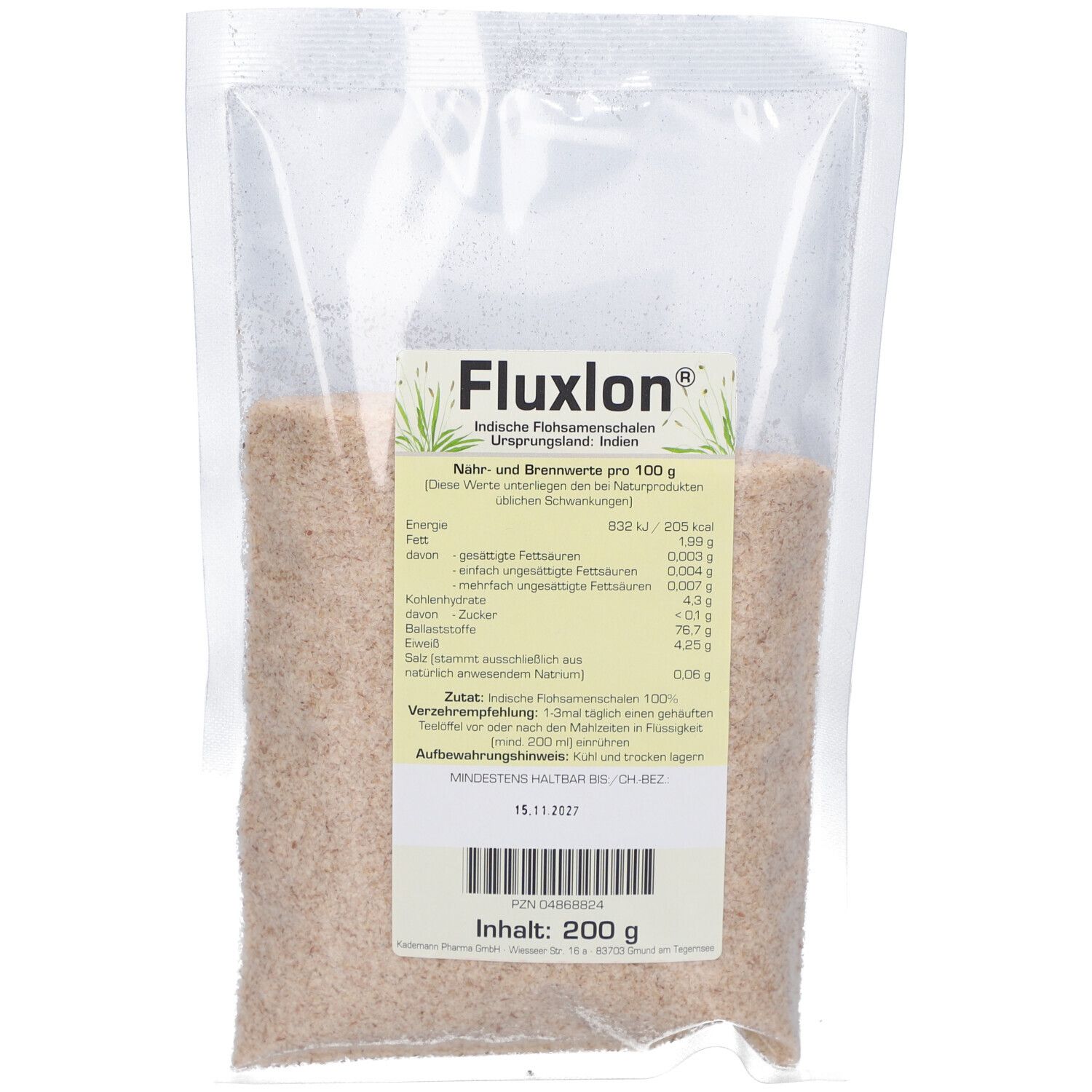Transparenter Beutel mit Fluxlon. Aufdruck mit Produktinformationen und Nährwertangaben. Inhalt: 200 g.