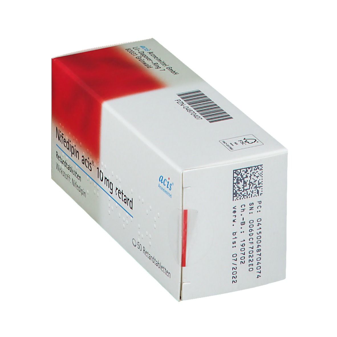 Schachtel Nifedipin acis® 10 mg retard. Weiß, rot und blau. 50 Retardtabletten. acis-Logo. Barcode und weitere Informationen.
