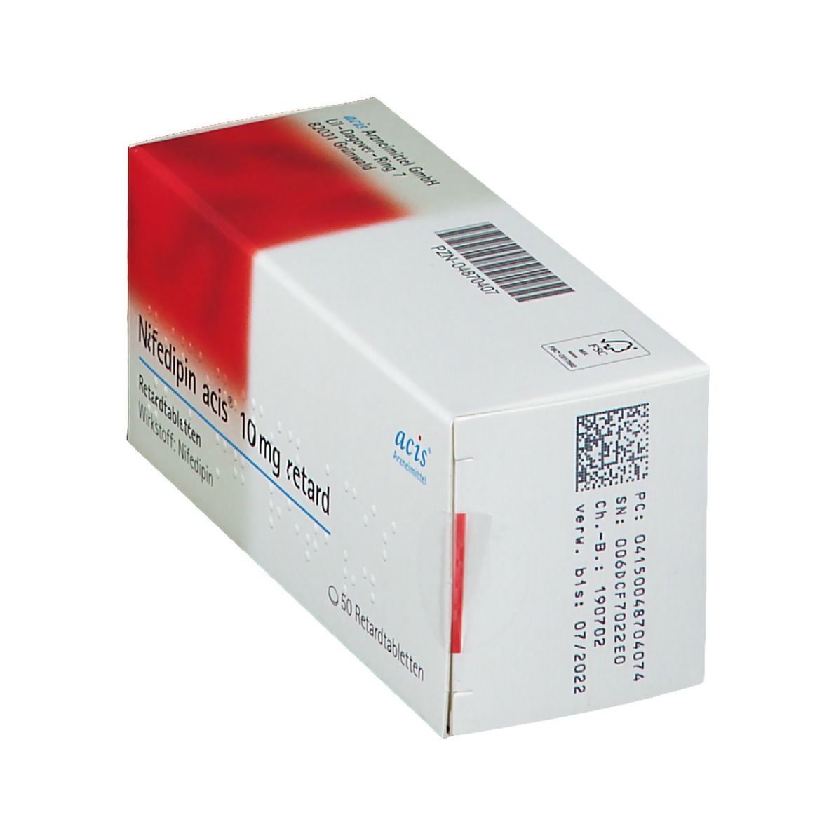 Schachtel Nifedipin acis® 10 mg retard. Weiß, rot und blau. 50 Retardtabletten. acis-Logo. Barcode und weitere Informationen.