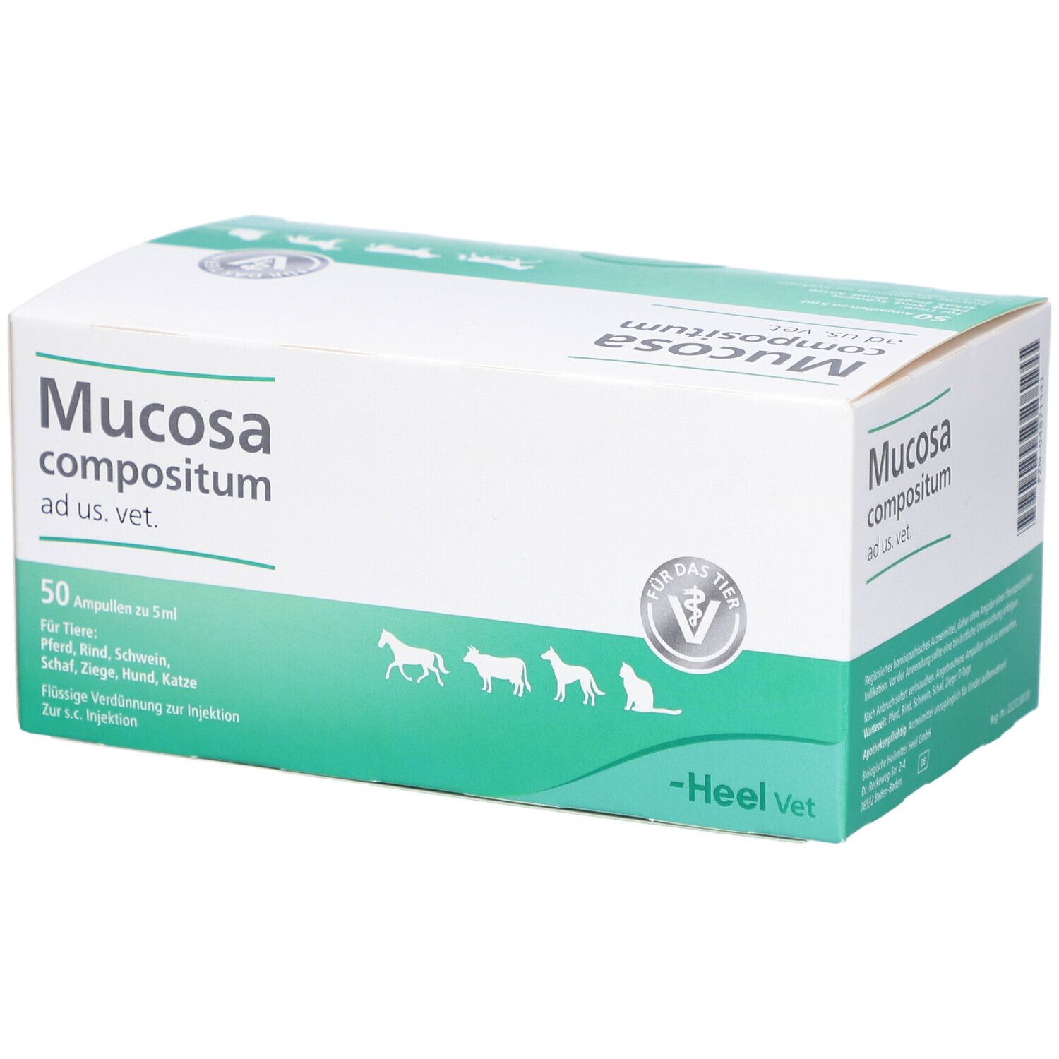 Weiß-grüne Schachtel mit Produktnamen und Logo. Enthält 50 Ampullen. Für Tiere: Pferd, Rind, Schwein, Schaf, Ziege, Hund, Katze.