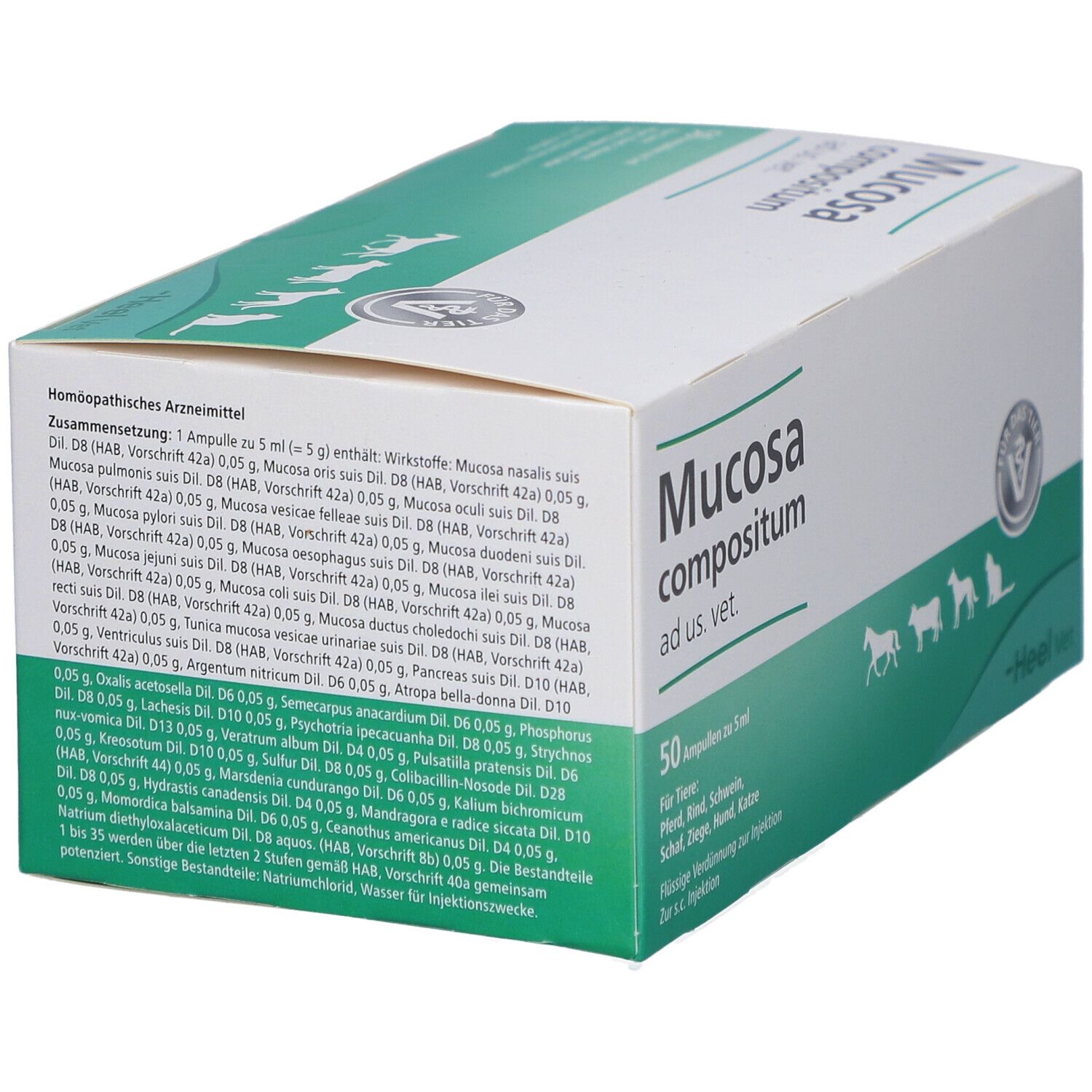 Weiß-grüne Schachtel mit Produktnamen und Logo. Enthält 50 Ampullen. Für Tiere: Pferd, Rind, Schwein, Schaf, Ziege, Hund, Katze. Inhaltsstoffe.