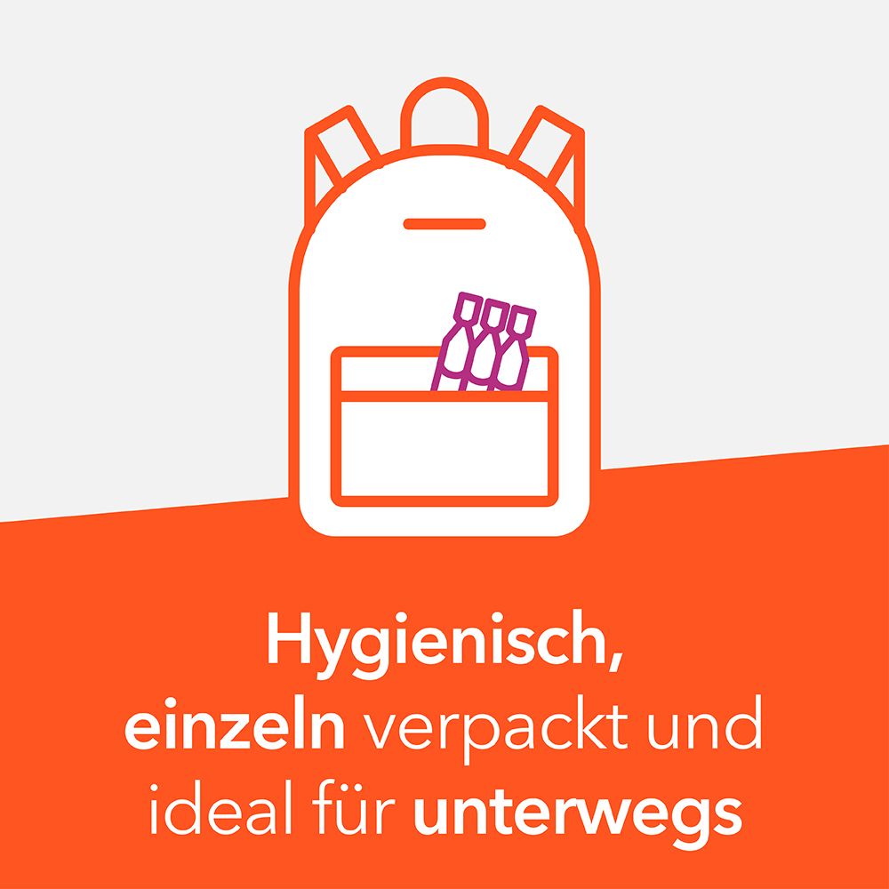 Rucksack-Symbol mit Augentropfen. Text: Hygienisch, einzeln verpackt und ideal für unterwegs.