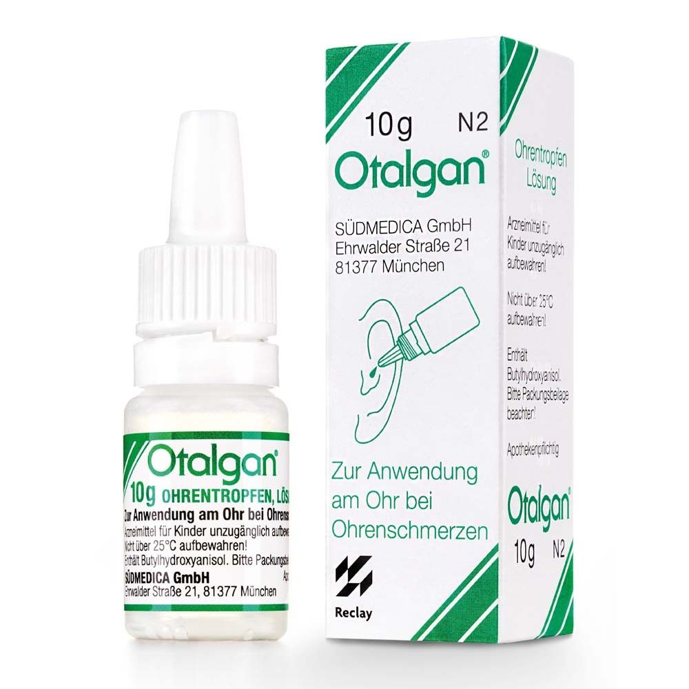 Otalgan® Ohrentropfen, 10g Flasche und Verpackung. Weiße Flasche mit Tropfaufsatz, grüne und weiße Verpackung.