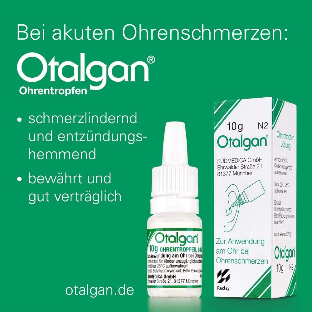Otalgan® Ohrentropfen, Flasche und Verpackung. Grün-weiße Verpackung mit Produktabbildung und Text. Flasche mit Tropfaufsatz.